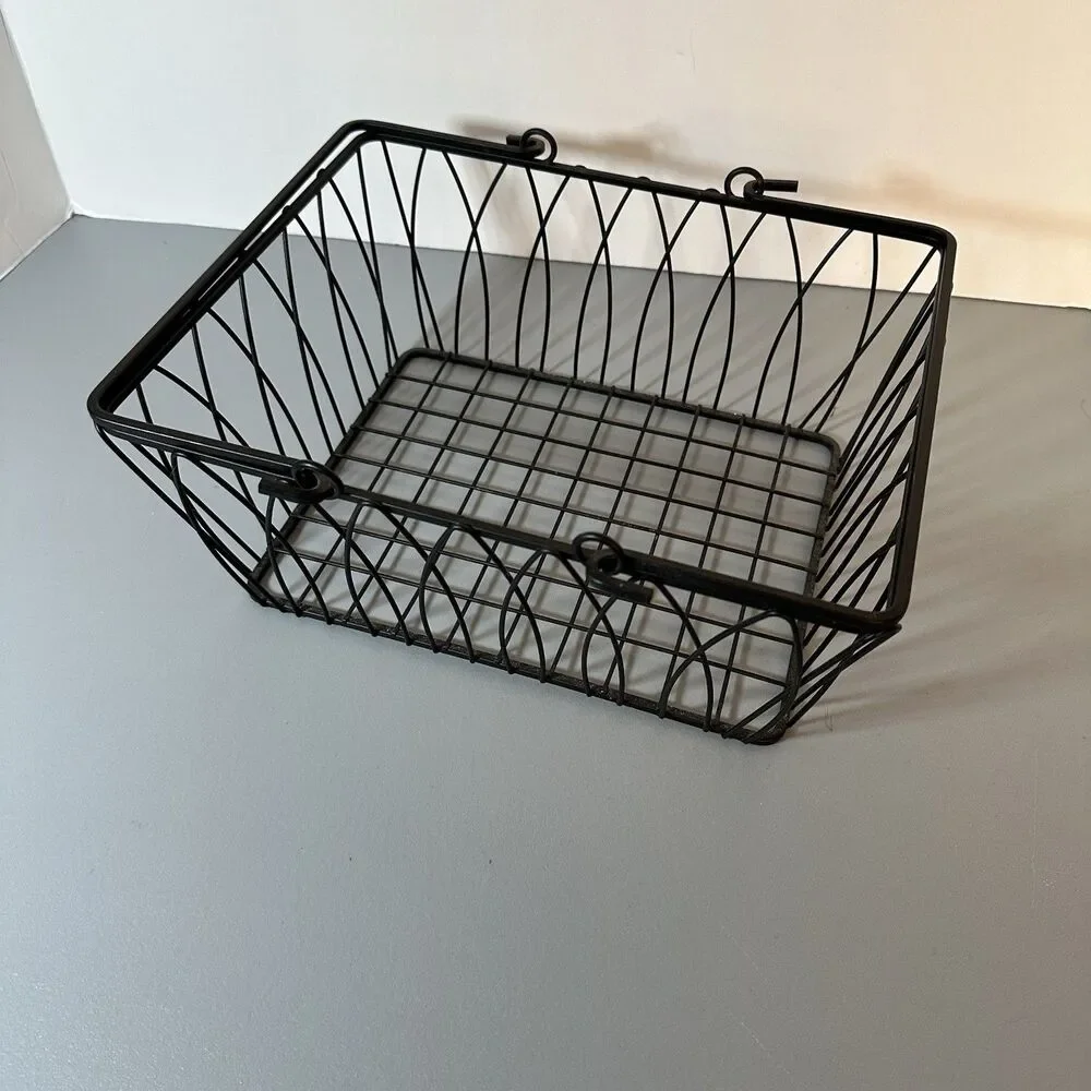 Black Wrought Iron Rectangle Storage Basket Open Design Handles 5.25” x 11” x 10